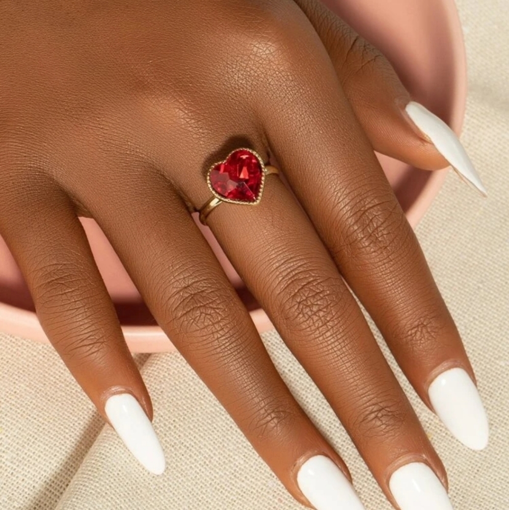 DEEP RUBY RED GEOMETRIC CRYSTAL HEART RING GOLD ADJUSTABLE FIT COMFORTABLE NEW